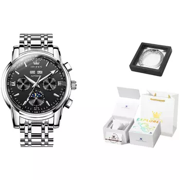 OLEVS Механические часы с ремешком из нержавеющей стали для мужских часов, черный циферблат