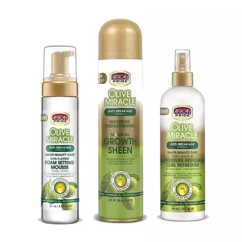 Olive Miracle Finish & Style Regimen Не осыпающаяся пена для укладки волос, спрей для блеска и 7-в-1 несмываемое увлажняющее средство для восстановления вьющихся волос African Pride