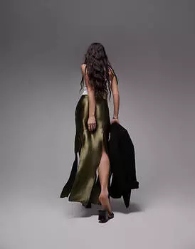 Оливковая атласная юбка миди с разрезами Topshop