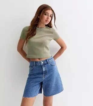 Оливковая детская футболка в рубчик с короткими рукавами для девочек New Look, оливковый