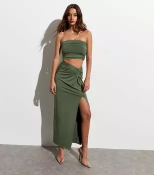 Оливковая длинная юбка с узлом сбоку New Look, оливковый