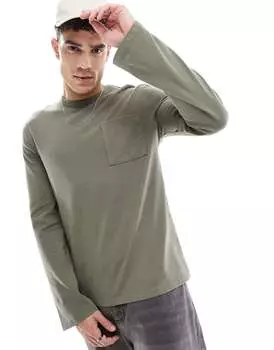Оливковая футболка премиум-класса с длинными рукавами и карманом ASOS