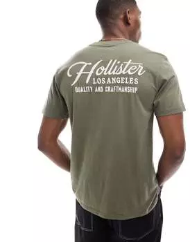 Оливковая футболка с принтом на спине Hollister