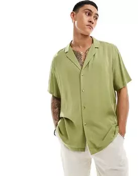 Оливково-зеленая рубашка свободного кроя из вискозы с низким воротником ASOS DESIGN