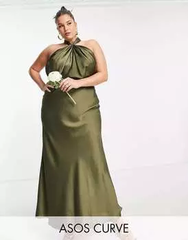Оливково-зеленое атласное платье макси с воротником-бретелькой ASOS DESIGN Bridesmaid Curve