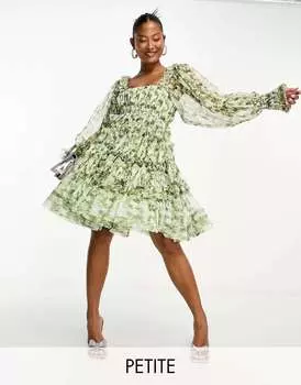 Оливково-зеленое мини-платье Petite с объемными рукавами и рюшами из кружева и бусин Lace & Beads