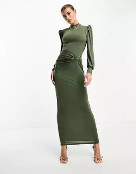 Оливково-зеленое платье макси с высоким воротником и рюшами Flounce London