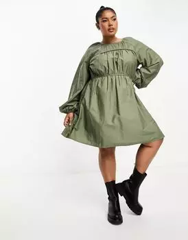 Оливково-зеленое платье миди из хлопкового поплина со сборками на груди ASOS DESIGN Curve
