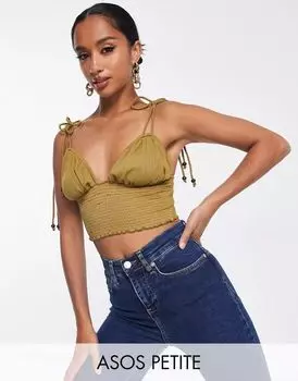 Оливково-зеленый топ на бретельках с завязками ASOS DESIGN Petite Milkmaid