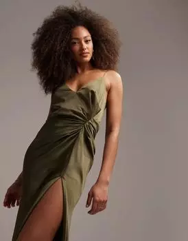 Оливковое атласное платье макси на бретелях с драпировкой ASOS Bridesmaid