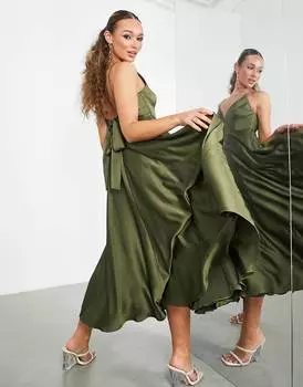 Оливковое атласное платье миди с завязками на спине ASOS EDITION