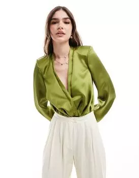 Оливковое боди с глубоким вырезом и подплечниками ASOS DESIGN