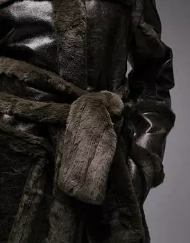 Оливковое длинное пальто-авиатор из искусственного меха Topshop Tall