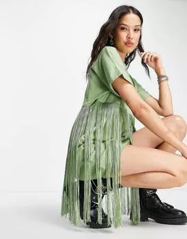 Оливковое мини-платье-футболка с бахромой ASOS DESIGN