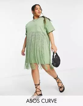 Оливковое мини-платье-футболка с бахромой ASOS DESIGN Curve
