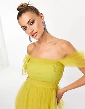 Оливковое мини-платье из тюля с открытыми плечами и кружевом и бусинами