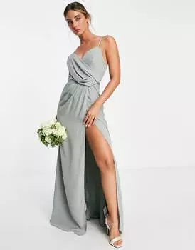 Оливковое платье макси с драпировкой и поясом на талии ASOS DESIGN Bridesmaid