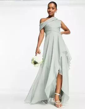 Оливковое платье макси с драпировкой и многослойной юбкой с запахом ASOS Bridesmaid
