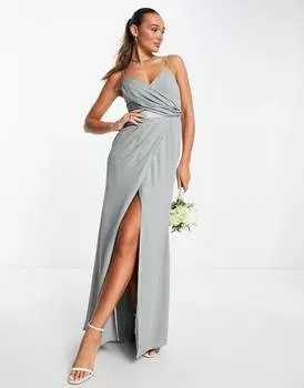 Оливковое платье макси с драпировкой и атласной талией на талии ASOS DESIGN Bridesmaid
