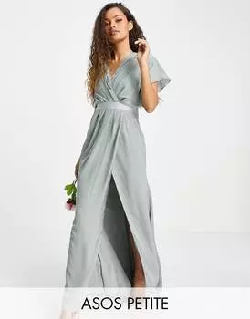 Оливковое платье макси с короткими рукавами и пуговицами на спине ASOS DESIGN Petite Bridesmaid
