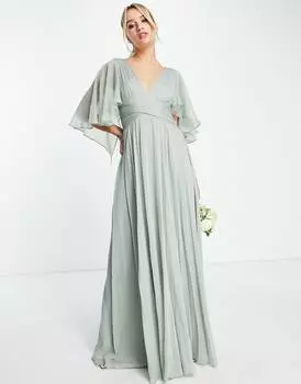 Оливковое платье макси со сборками на лифе и драпировкой ASOS DESIGN Bridesmaid, с запахом на талии и развевающимися рукавами-накидками ASOS DESIGN Bridesmaid