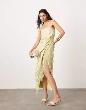 Оливковое платье миди с драпировкой и бахромой ASOS EDITION