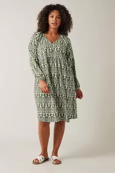 Оливковое платье миди с гофрированным узором икат Evans, зеленый