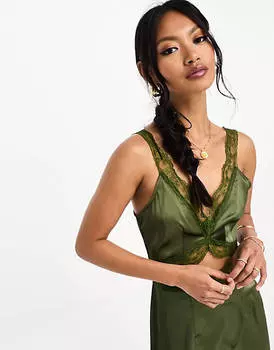 Оливковое платье миди с кружевным вырезом Never Fully Dressed