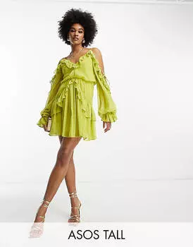 Оливковое платье мини с оборками и запахом ASOS DESIGN Tall