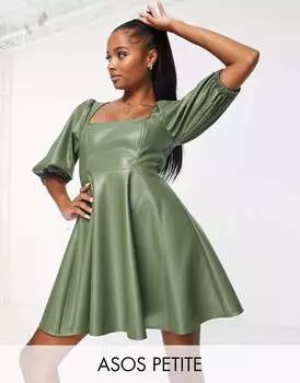 Оливковое платье мини с плиссированной юбкой в стиле бэби-долл ASOS DESIGN Petite