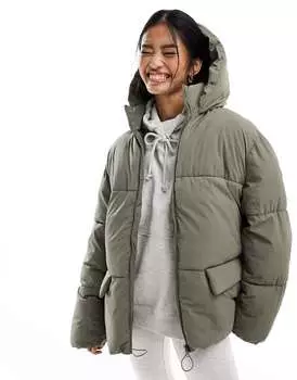 Оливковое пуховик средней длины с капюшоном ASOS