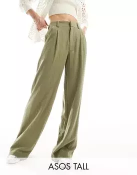 Оливковые льняные брюки широкого кроя ASOS Tall