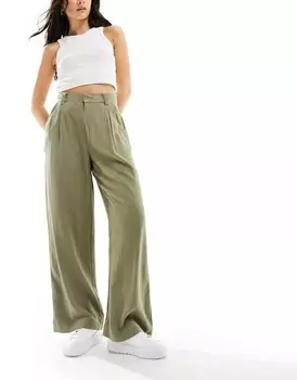 Оливковые льняные брюки широкого кроя ASOS