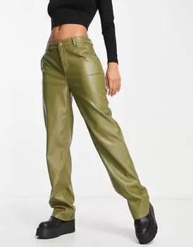Оливковые прямые брюки из искусственной кожи ASOS DESIGN