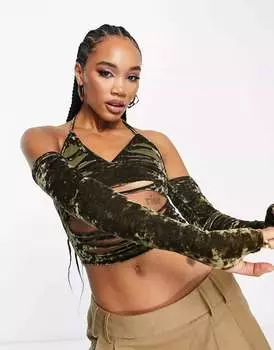 Оливковый бархатный топ с длинными рукавами и разрезами ASOS