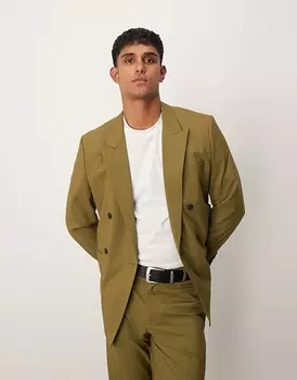 Оливковый двубортный пиджак узкого кроя ASOS DESIGN