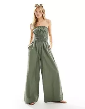Оливковый комбинезон с широким лифом и присборенным лифом ASOS DESIGN