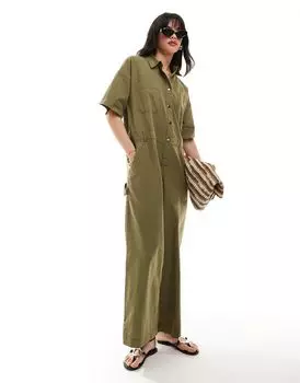 Оливковый льняной комбинезон с контрастной строчкой ASOS DESIGN