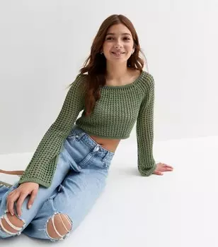 Оливковый открытый вязаный джемпер для девочек New Look, оливковый