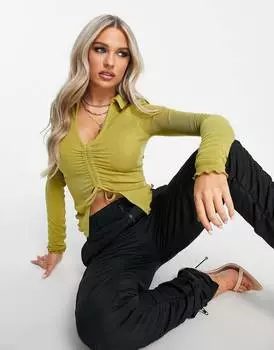 Оливковый топ с длинными рукавами и сборками по краю с бабочками ASOS DESIGN