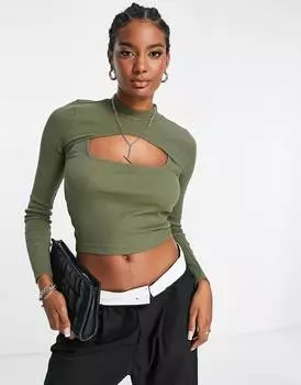 Оливковый топ в рубчик с длинными рукавами и вырезом ASOS DESIGN 2 in 1