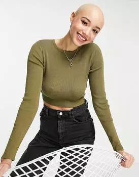 Оливковый трикотажный топ в рубчик с длинными рукавами и завязками на спине Miss Selfridge - KHAKI