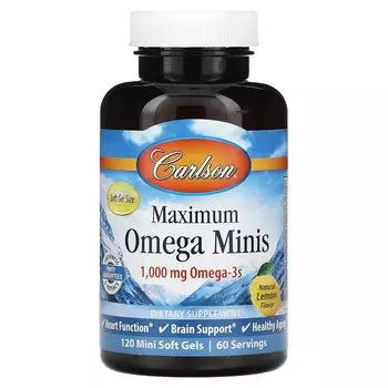 Омега-3 Carlson Maximum Omega Minis с лимонным вкусом 1000 мг, 120 мини-желатиновых капсул (500 мг на мягкую желатиновую капсулу)