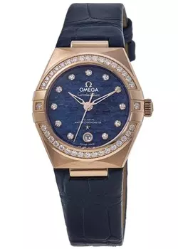 Omega Constellation Chronometer 29 мм синий циферблат бриллианты розовое золото кожаный ремешок женские часы 131.58.29.20.99.006