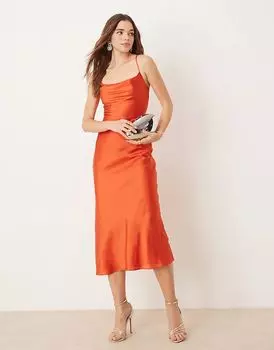 OMNES Атласное платье миди на бретельках Riviera оранжевого цвета