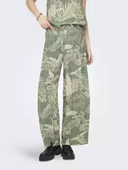 Only брюки без застежек "ONLPALINA LIFE LOOSE LONG PANTS PTM", цвет Hedge Green Aop:Lovely Palm