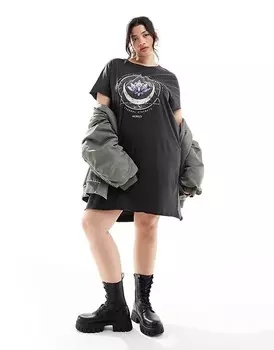 ONLY Curve – Черное мини-платье-футболка с графикой лотоса и эффектом размытости