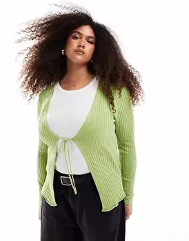 ONLY Curve - Зеленый ребристый кардиган с завязкой спереди