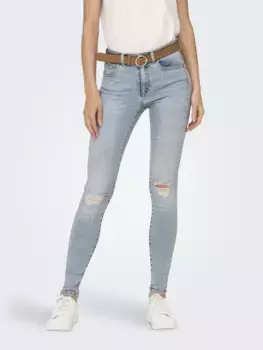 Only джинсы скинни "ONLWAUW MID WAIST KNEE DES PIM", с эффектом потертости, голубой