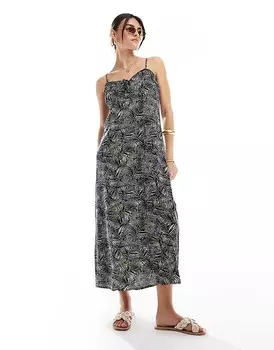 ONLY – Синее платье миди на бретелях с узором в виде листьев